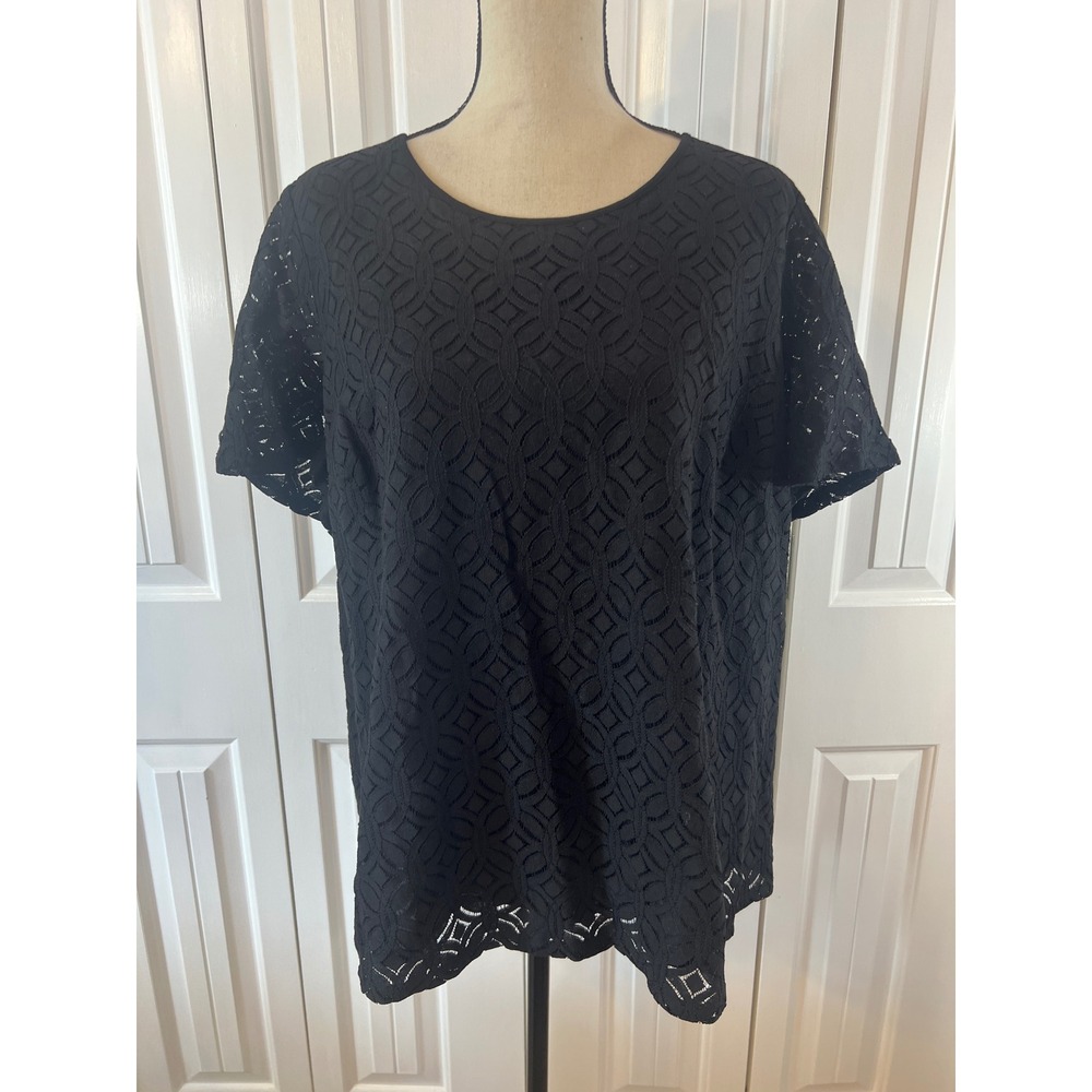 Market & Spruce Black Eyelet Lace Short Sleeve Blouse Exposed Zipper Top